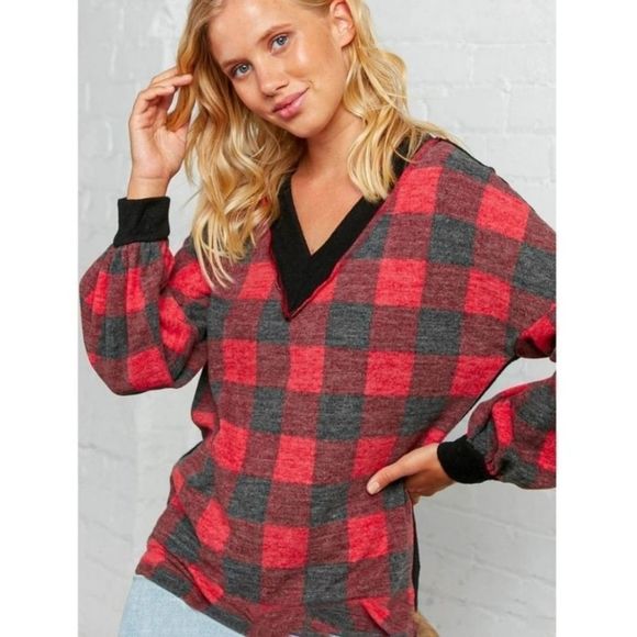 Soft V-Neck Red And Black Plaid Top - Picture 1 of 7